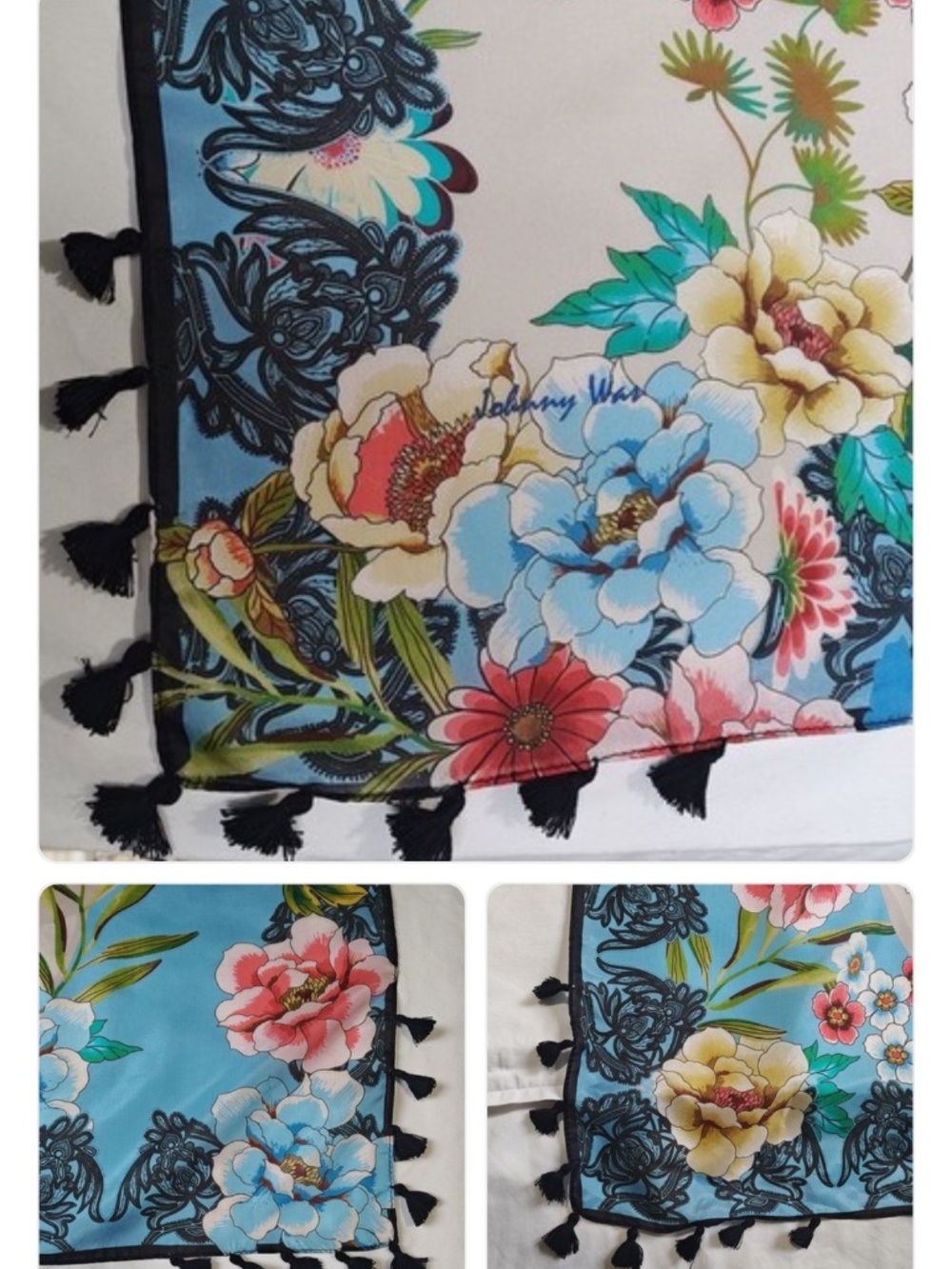 NWT unopened Johnny Was Silk Scarf Blue w Black Tassels, NEW - Picture 8 of 13